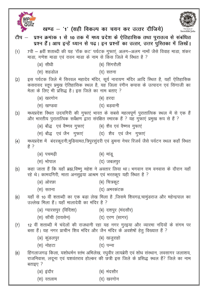 MP Tourism Dist Level Quiz Competition 2023 Solved Question Paper in Hindi